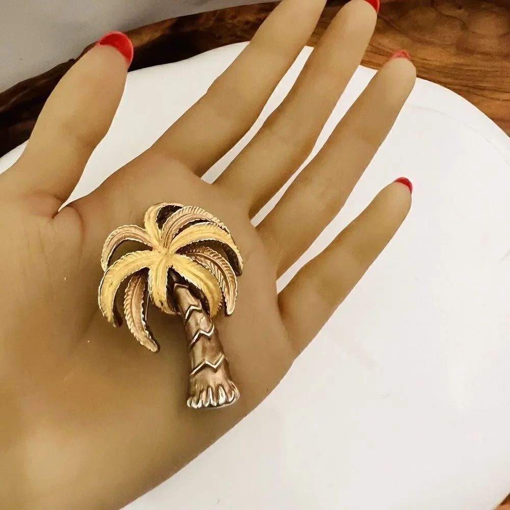 Vintage Textured Gold Tone Enamel Tropical Palm Tree Pin Brooch 1452 - Picture 5 of 9